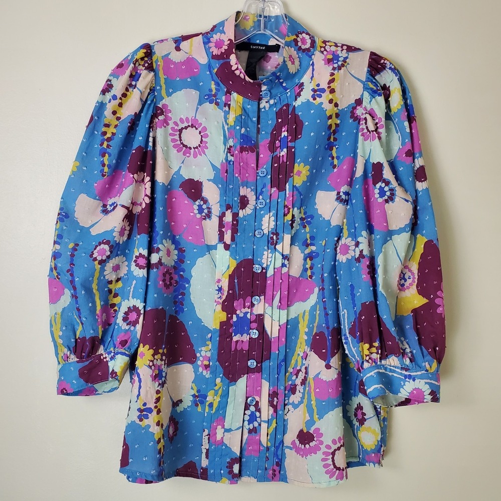 Smythe Frontier Blue Floral Blouse Pleated Pin Tuck Keyhole 3/4 Blouson Sleeve